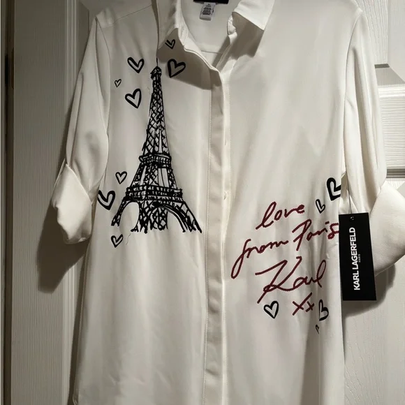 NWT Karl Lagerfeld White Parisian Graphic Shirt - Picture 2 of 13